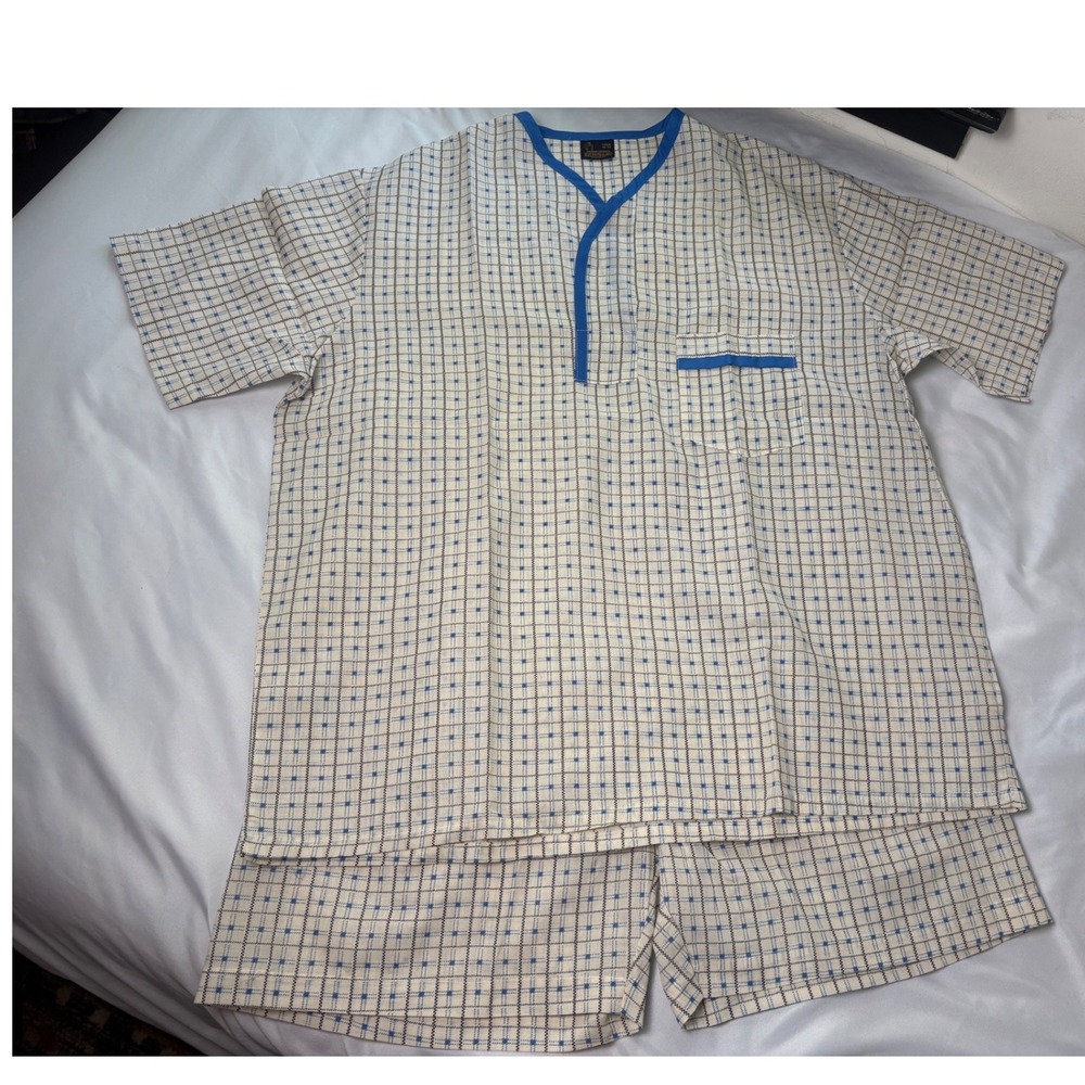 Sears Perma-Prest Pajama Set Mens Large Blue White Excellent Vintage Grid Check